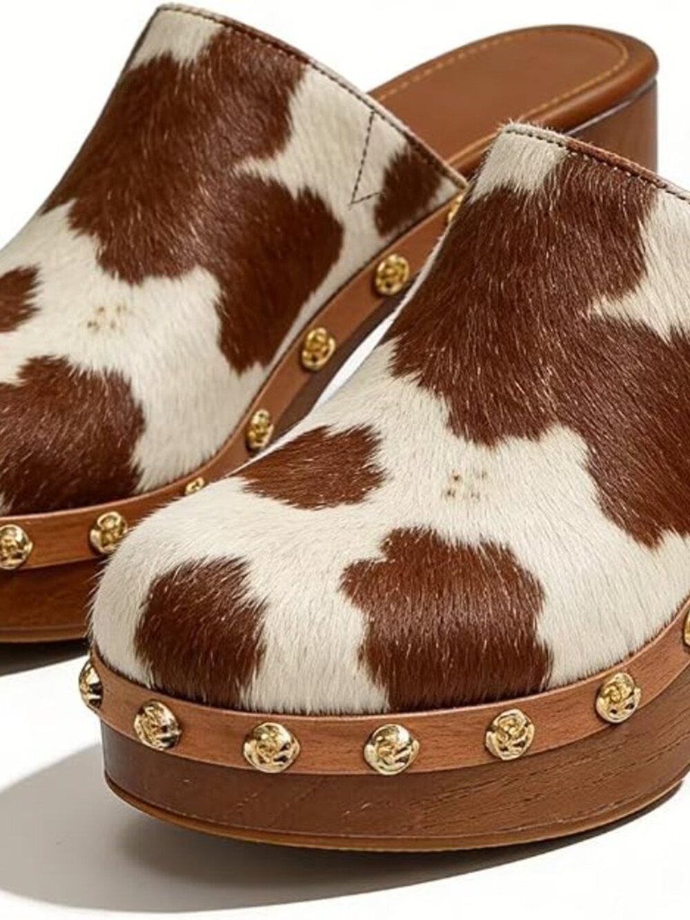 Cow Print Brown & White Platform Clog Mule - Picture 3 of 4